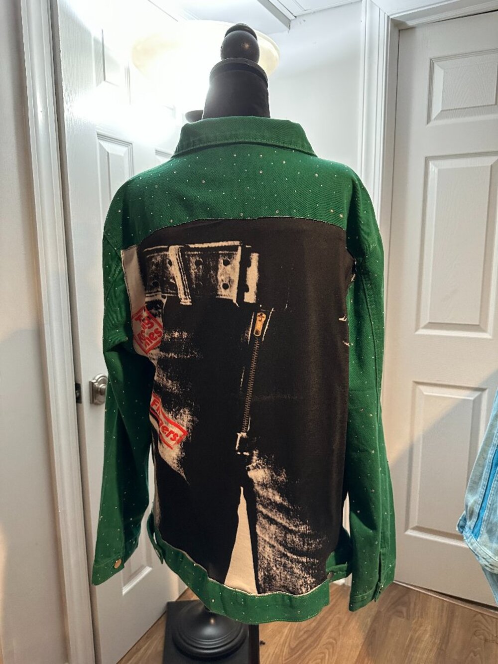 Green Rhinestone Rolling Stones Sticky Fingers Denim Jean Jacket (XL)
